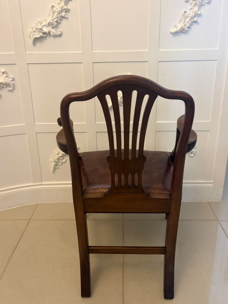 Antique Set of 8 Victorian Mahogany Shield Back Hepplewhite Style Dining Chairs Carvers Original Tan Leather - Image 8