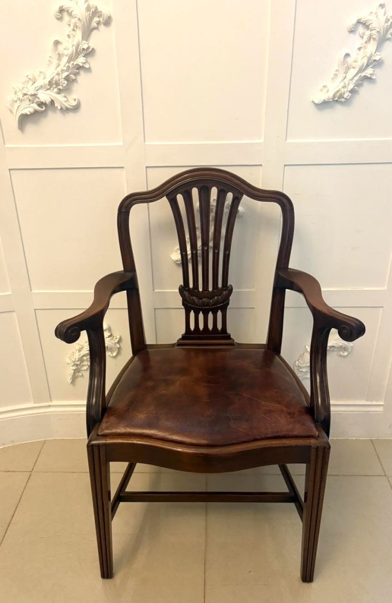 Antique Set of 8 Victorian Mahogany Shield Back Hepplewhite Style Dining Chairs Carvers Original Tan Leather - Image 7