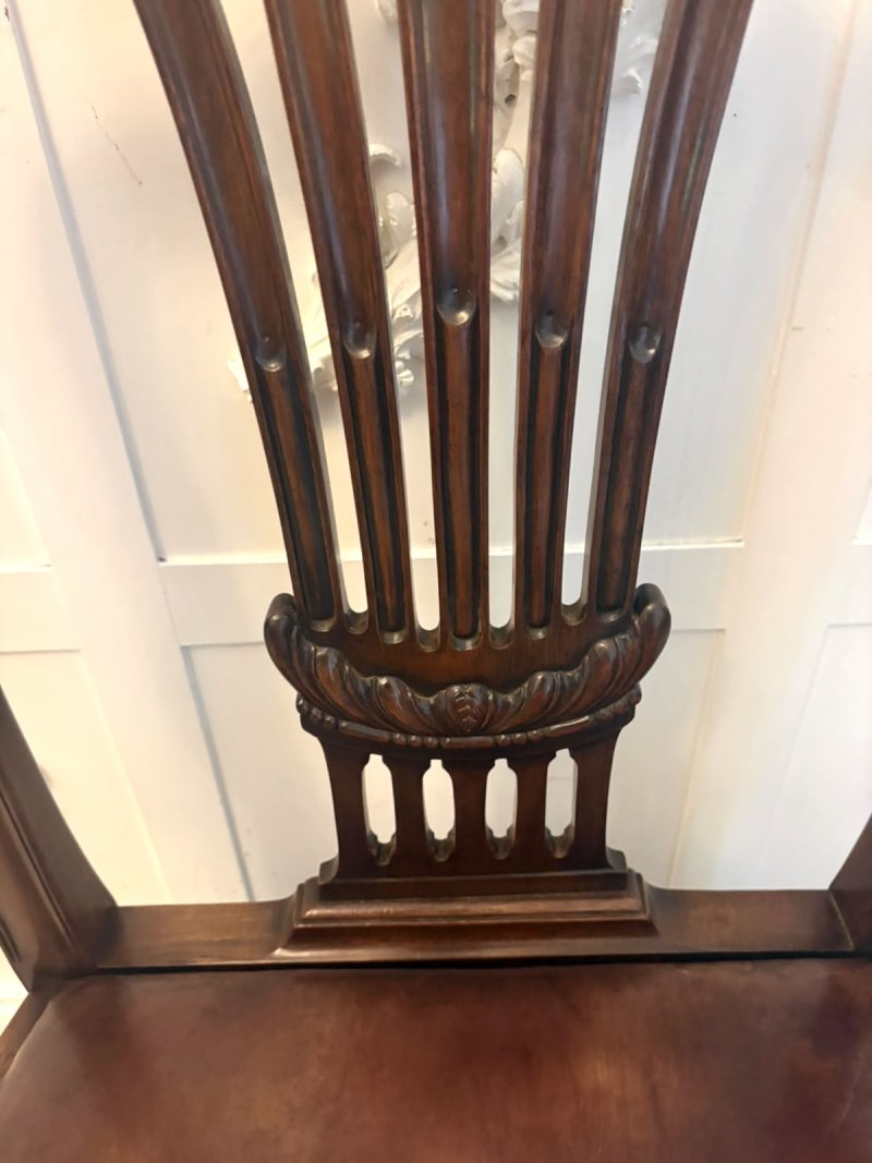 Antique Set of 8 Victorian Mahogany Shield Back Hepplewhite Style Dining Chairs Carvers Original Tan Leather - Image 15