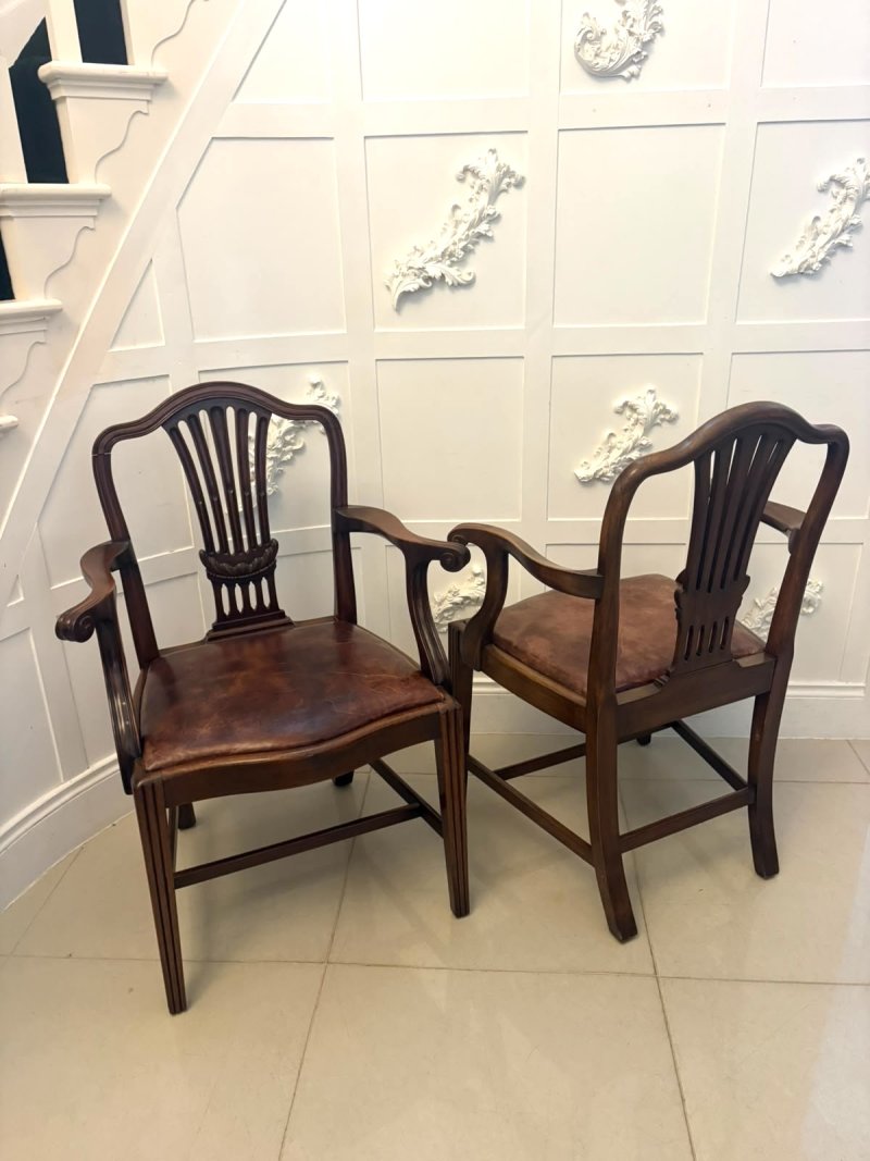 Antique Set of 8 Victorian Mahogany Shield Back Hepplewhite Style Dining Chairs Carvers Original Tan Leather - Image 5