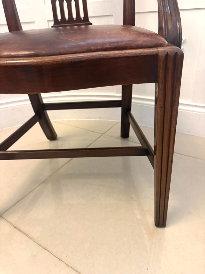 Antique Set of 8 Victorian Mahogany Shield Back Hepplewhite Style Dining Chairs Carvers Original Tan Leather - Image 12
