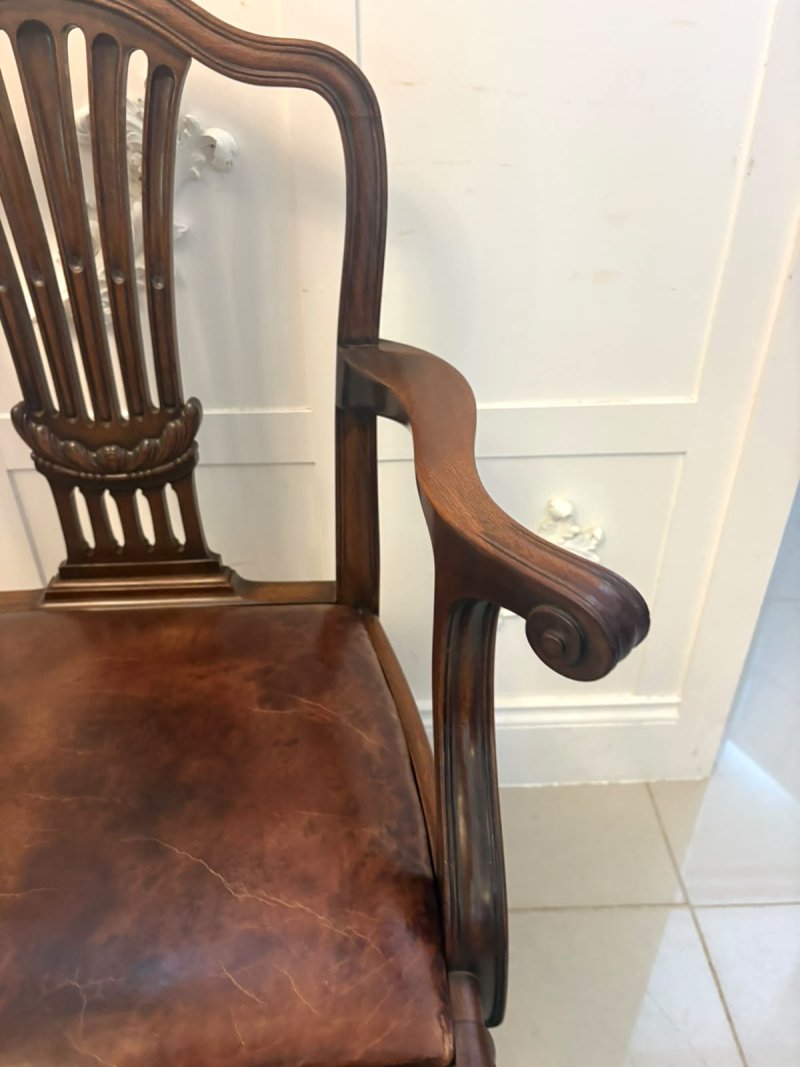 Antique Set of 8 Victorian Mahogany Shield Back Hepplewhite Style Dining Chairs Carvers Original Tan Leather - Image 16