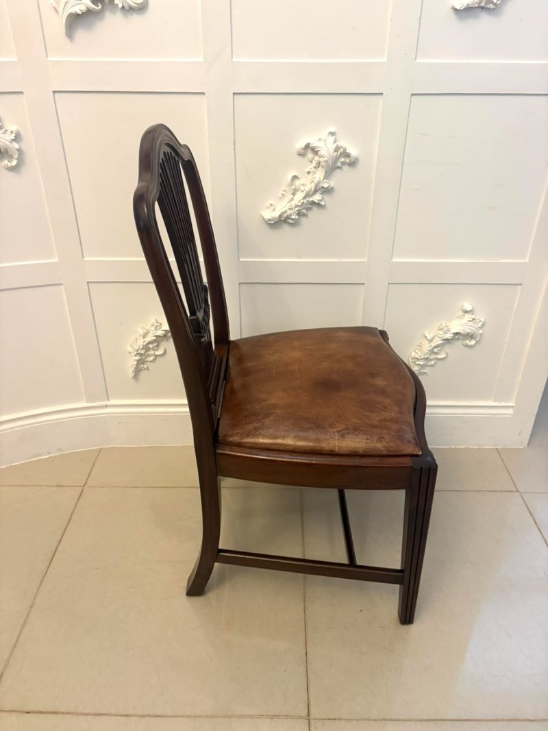 Antique Set of 8 Victorian Mahogany Shield Back Hepplewhite Style Dining Chairs Carvers Original Tan Leather - Image 10