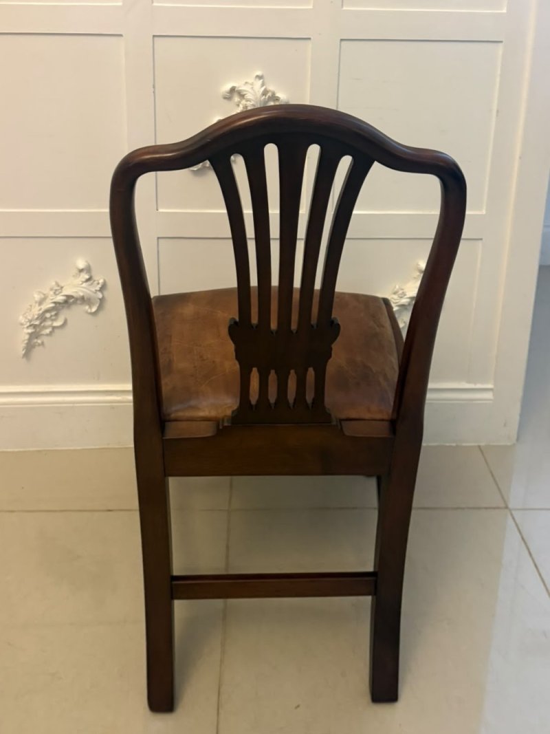 Antique Set of 8 Victorian Mahogany Shield Back Hepplewhite Style Dining Chairs Carvers Original Tan Leather - Image 17