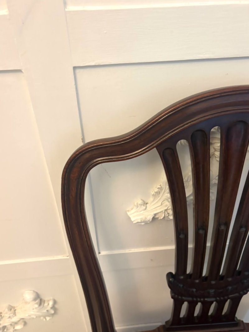Antique Set of 8 Victorian Mahogany Shield Back Hepplewhite Style Dining Chairs Carvers Original Tan Leather - Image 18