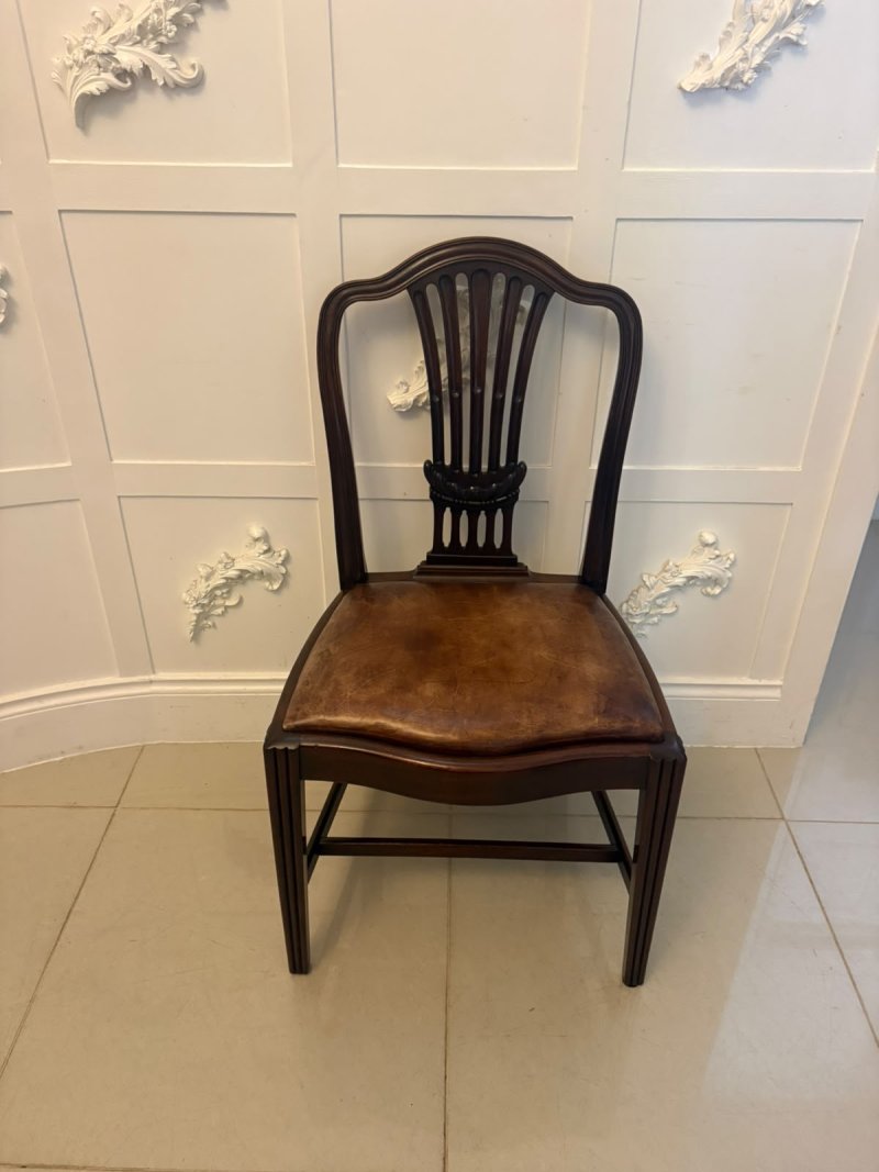 Antique Set of 8 Victorian Mahogany Shield Back Hepplewhite Style Dining Chairs Carvers Original Tan Leather - Image 11
