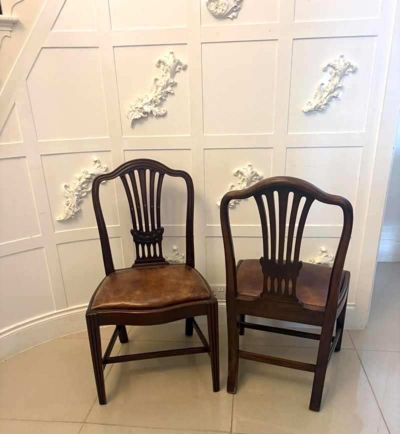 Antique Set of 8 Victorian Mahogany Shield Back Hepplewhite Style Dining Chairs Carvers Original Tan Leather - Image 6