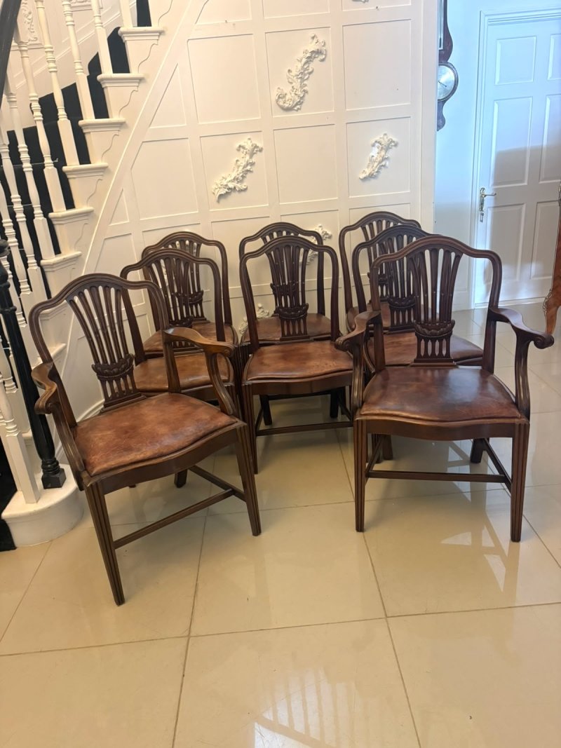 Antique Set of 8 Victorian Mahogany Shield Back Hepplewhite Style Dining Chairs Carvers Original Tan Leather - Image 3