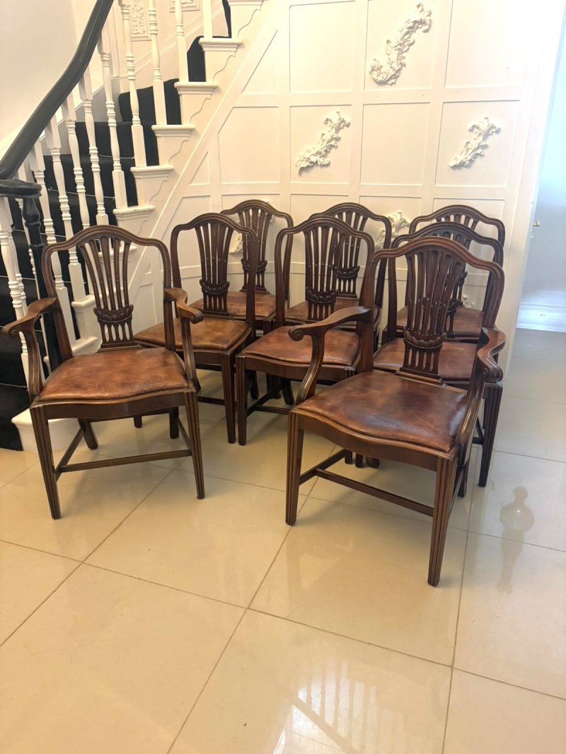 Antique Set of 8 Victorian Mahogany Shield Back Hepplewhite Style Dining Chairs Carvers Original Tan Leather - Image 4