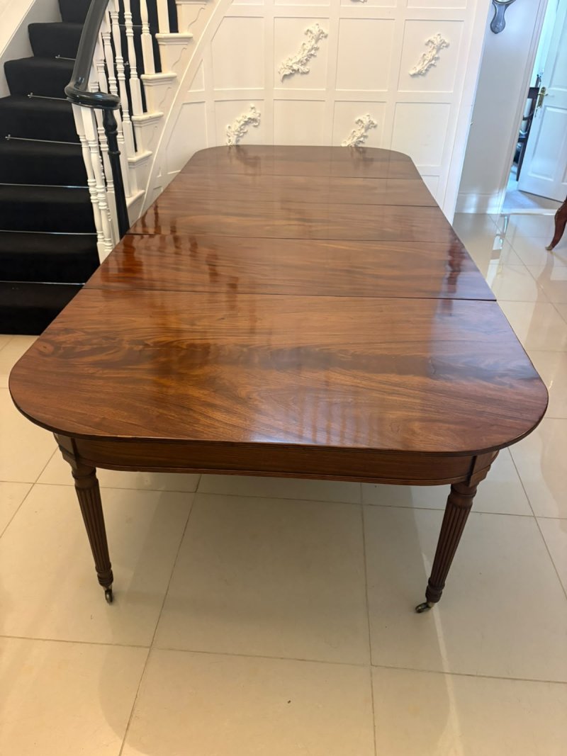 Antique Regency 14 Seater Extending Dining Table Figured Mahogany with 8 Reeded Legs