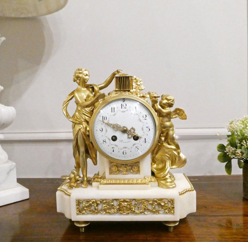 French Louis XVI Style Gilt Bronze & Marble Mantel Clock