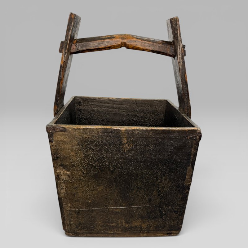 Large Antique Chinese Elm Harvest Basket with Handle - Image 4
