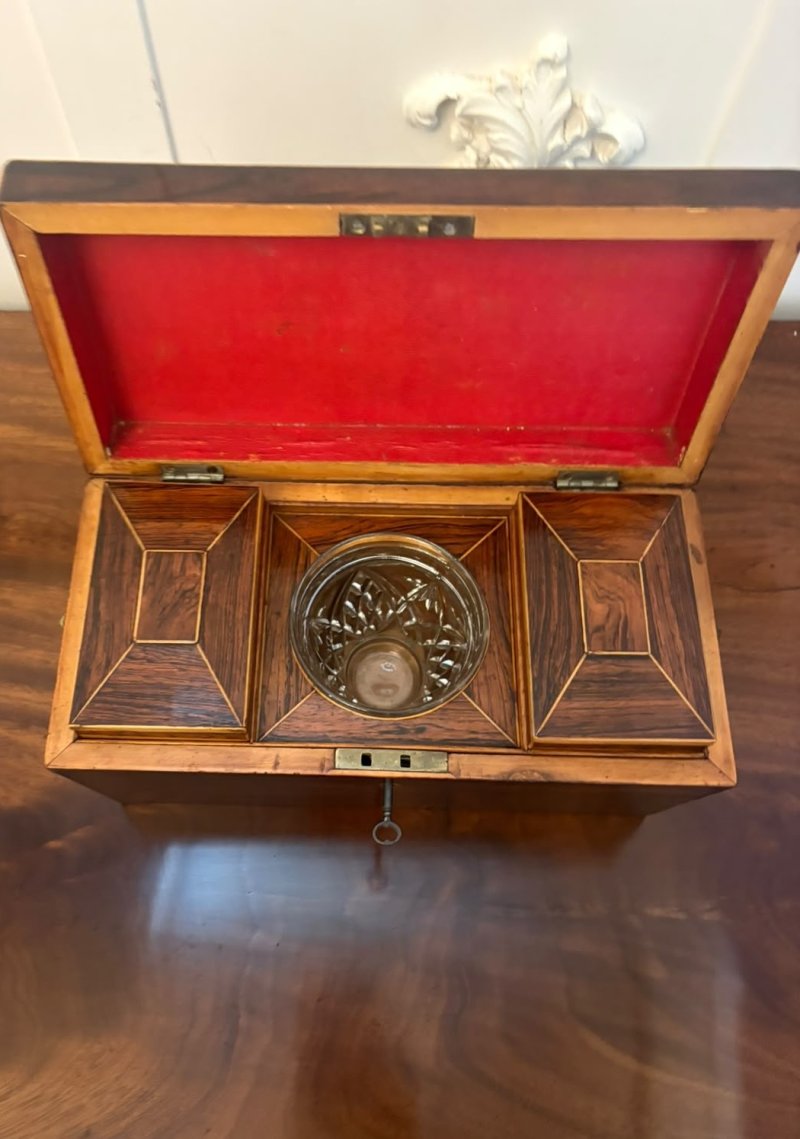 Antique Regency Rosewood Brass Inlaid Tea Caddy with Original Mixing Bowl - Image 4