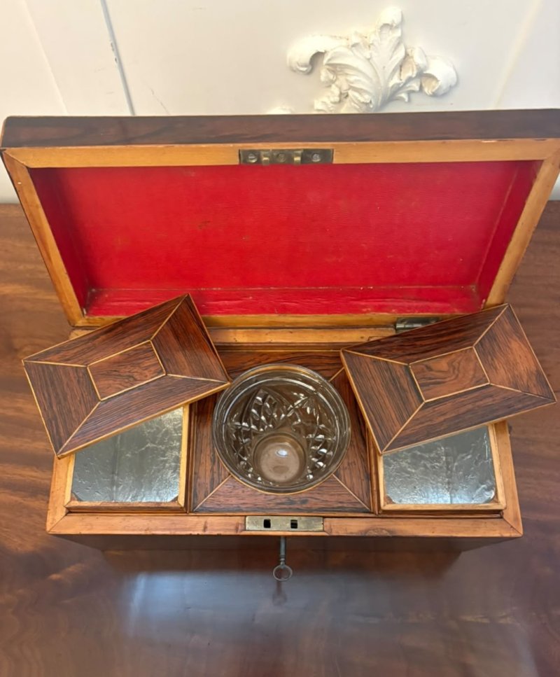 Antique Regency Rosewood Brass Inlaid Tea Caddy with Original Mixing Bowl - Image 3