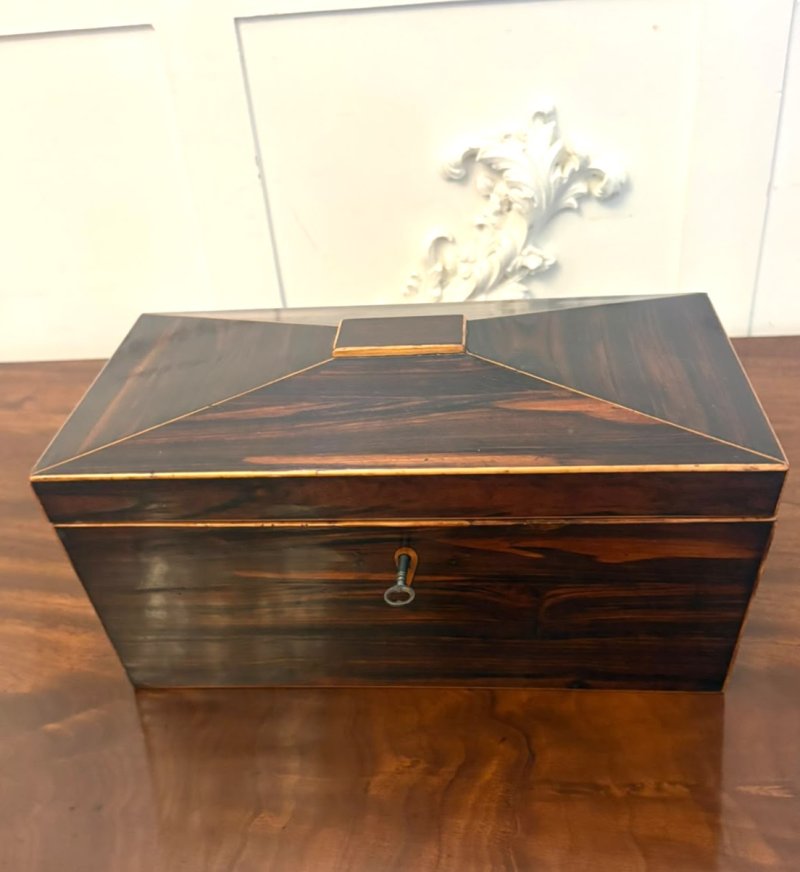 Antique Regency Rosewood Brass Inlaid Tea Caddy with Original Mixing Bowl