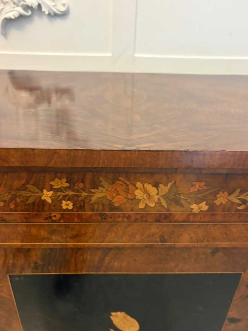 Antique Victorian Burr Walnut Sideboard Cabinet with Floral Marquetry Credenza - Image 12
