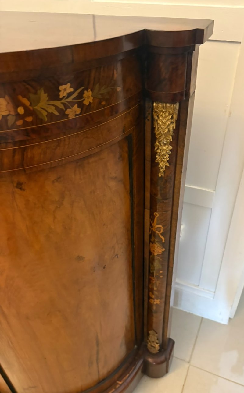 Antique Victorian Burr Walnut Sideboard Cabinet with Floral Marquetry Credenza - Image 11