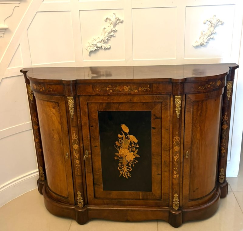 Antique Victorian Burr Walnut Sideboard Cabinet with Floral Marquetry Credenza - Image 5