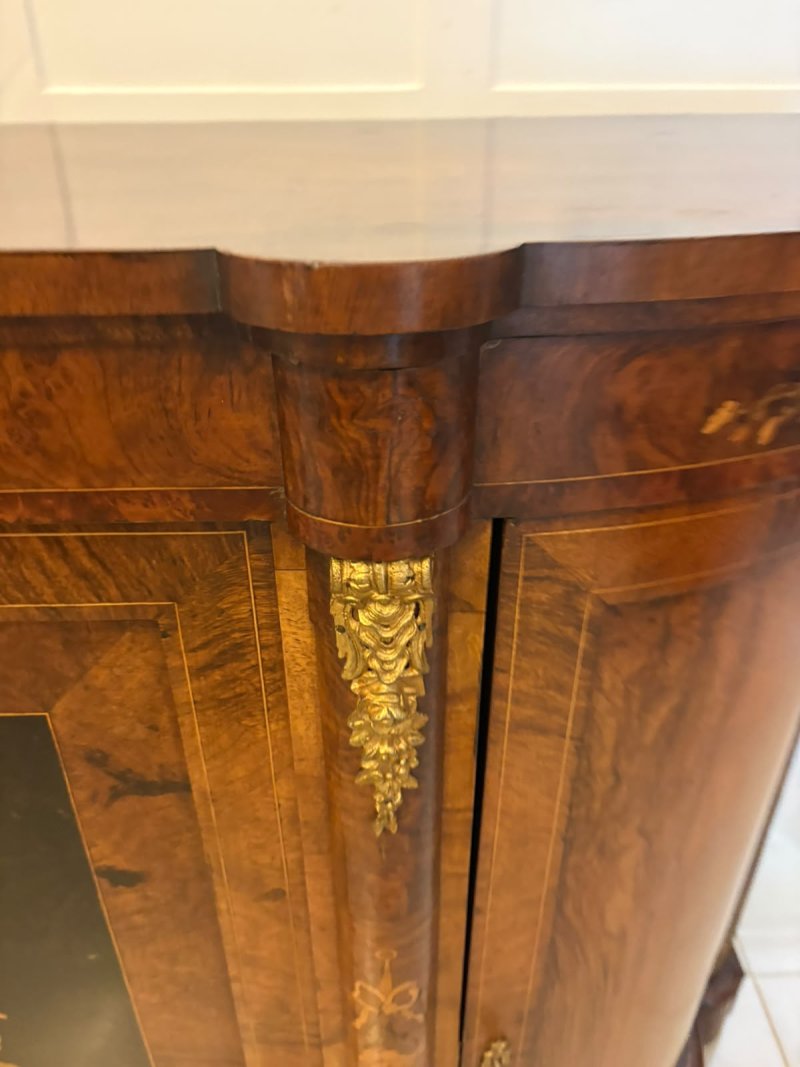 Antique Victorian Burr Walnut Sideboard Cabinet with Floral Marquetry Credenza - Image 8