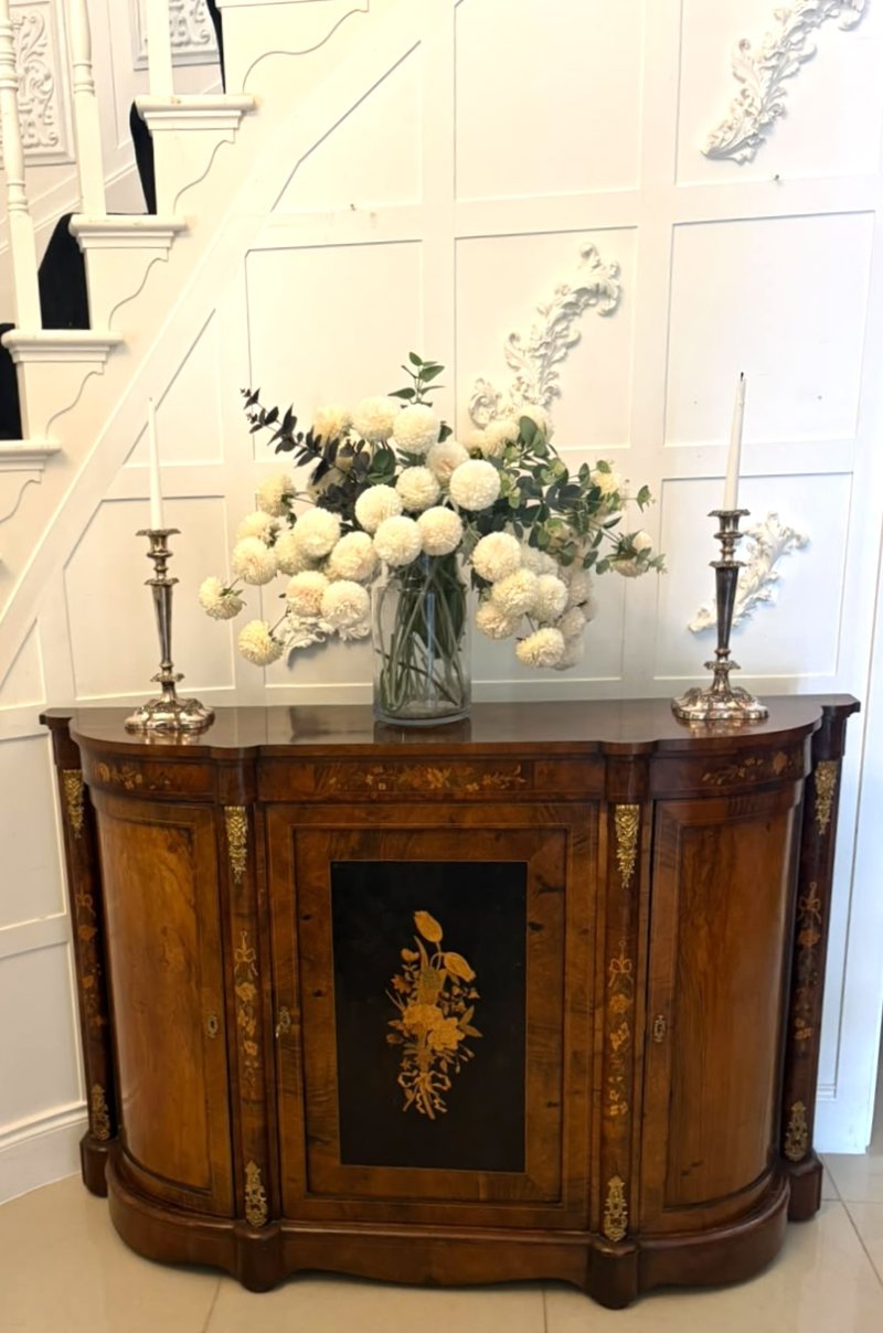 Antique Victorian Burr Walnut Sideboard Cabinet with Floral Marquetry Credenza - Image 4