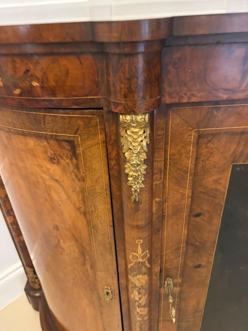 Antique Victorian Burr Walnut Sideboard Cabinet with Floral Marquetry Credenza - Image 16