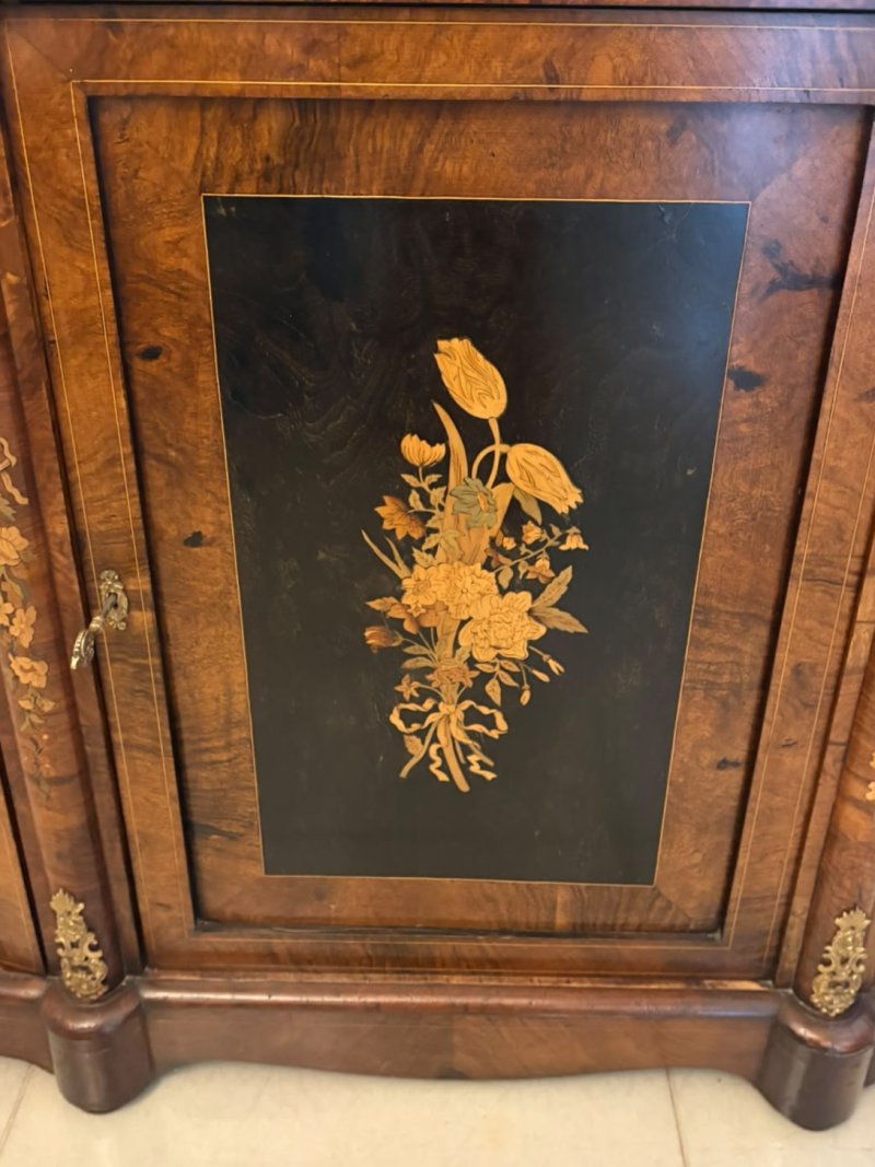 Antique Victorian Burr Walnut Sideboard Cabinet with Floral Marquetry Credenza - Image 18