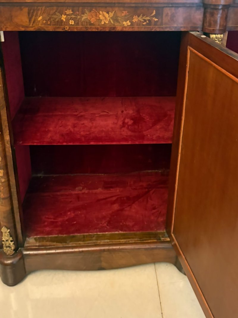 Antique Victorian Burr Walnut Sideboard Cabinet with Floral Marquetry Credenza - Image 17