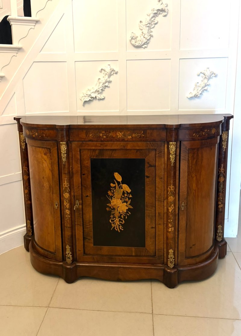 Antique Victorian Burr Walnut Sideboard Cabinet with Floral Marquetry Credenza