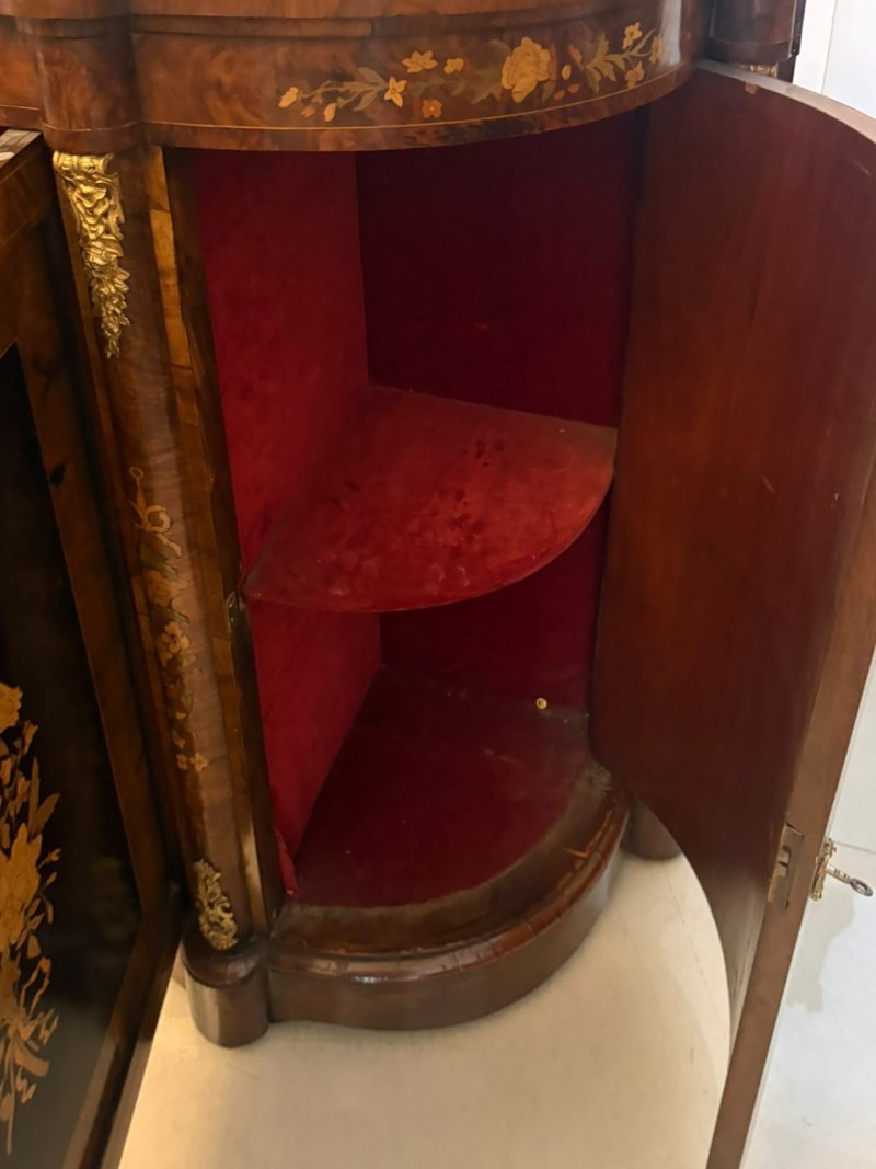 Antique Victorian Burr Walnut Sideboard Cabinet with Floral Marquetry Credenza - Image 15