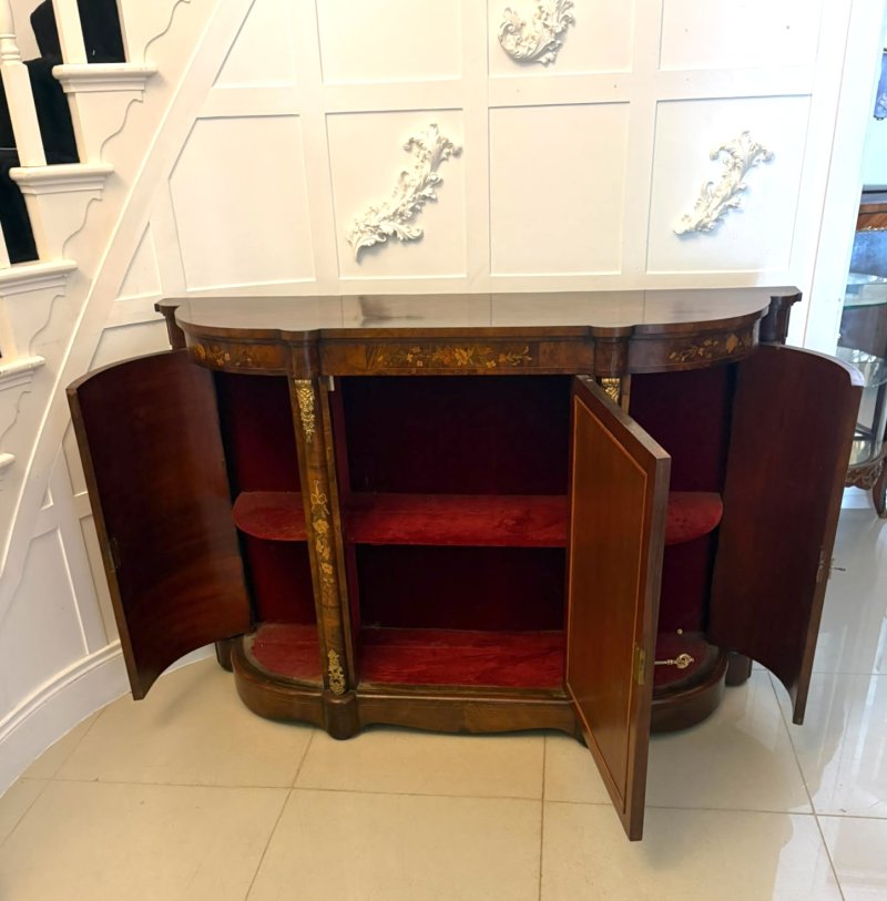 Antique Victorian Burr Walnut Sideboard Cabinet with Floral Marquetry Credenza - Image 3