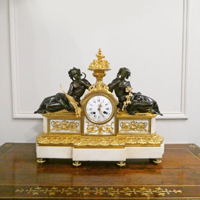 French Louis XVI Style Bronze & Marble Mantel Clock by Vincenti