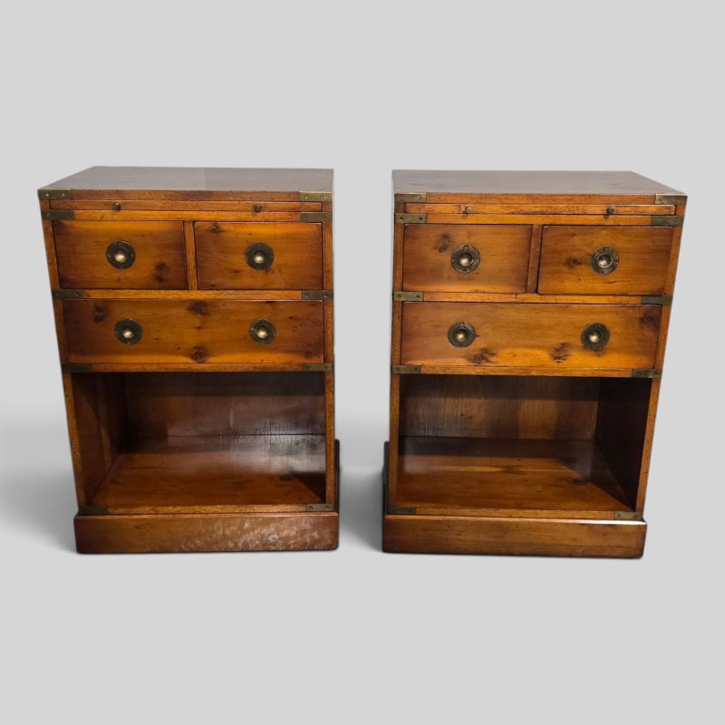 Superb Pair Yew Campaign Bedside Lamp Tables