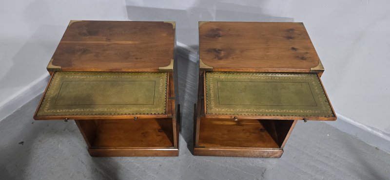 Superb Pair Yew Campaign Bedside Lamp Tables - Image 4
