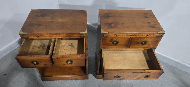 Superb Pair Yew Campaign Bedside Lamp Tables - Image 6