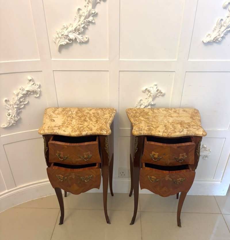 Antique Pair French Kingwood Marquetry Inlaid Marble Top Bedside Cabinets Nightstands - Image 3