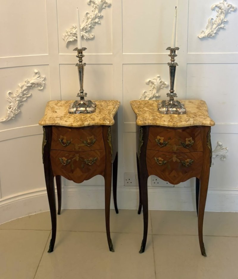 Antique Pair French Kingwood Marquetry Inlaid Marble Top Bedside Cabinets Nightstands - Image 4