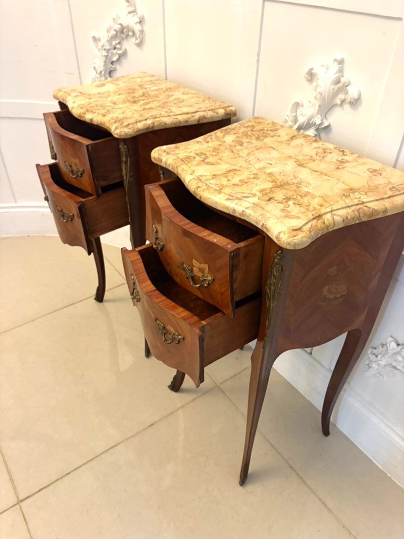 Antique Pair French Kingwood Marquetry Inlaid Marble Top Bedside Cabinets Nightstands - Image 5