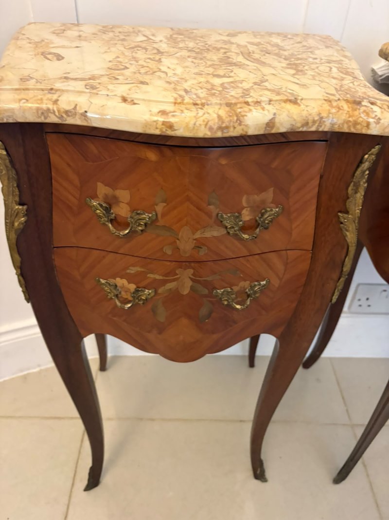 Antique Pair French Kingwood Marquetry Inlaid Marble Top Bedside Cabinets Nightstands - Image 10