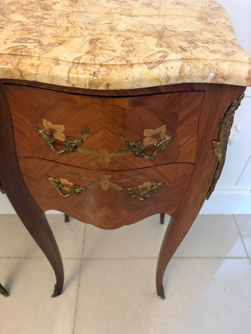 Antique Pair French Kingwood Marquetry Inlaid Marble Top Bedside Cabinets Nightstands - Image 9