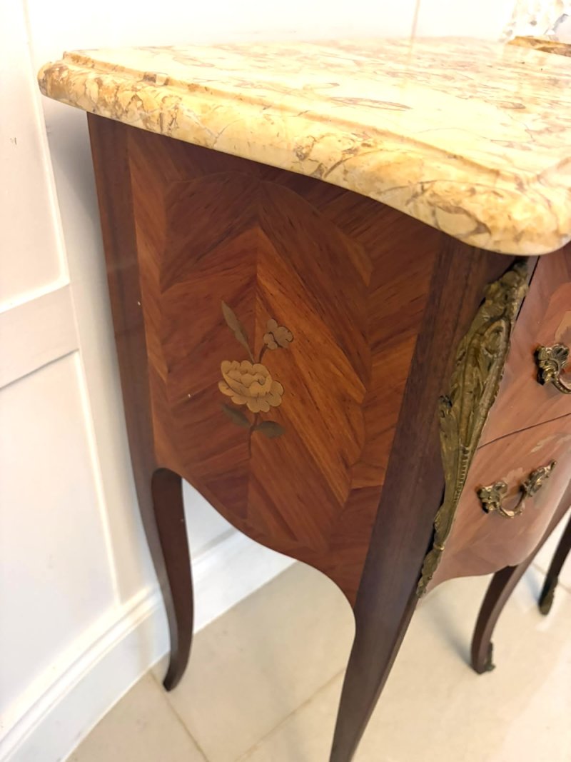 Antique Pair French Kingwood Marquetry Inlaid Marble Top Bedside Cabinets Nightstands - Image 7