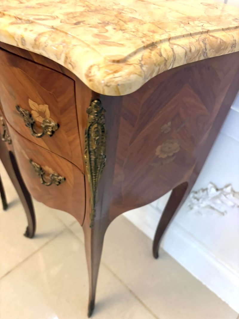 Antique Pair French Kingwood Marquetry Inlaid Marble Top Bedside Cabinets Nightstands - Image 8