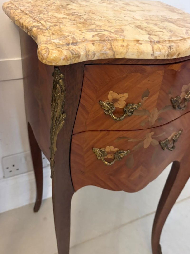Antique Pair French Kingwood Marquetry Inlaid Marble Top Bedside Cabinets Nightstands - Image 11