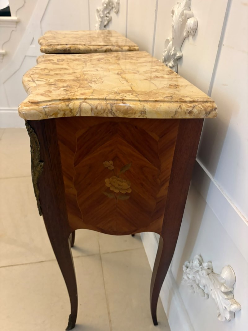 Antique Pair French Kingwood Marquetry Inlaid Marble Top Bedside Cabinets Nightstands - Image 13