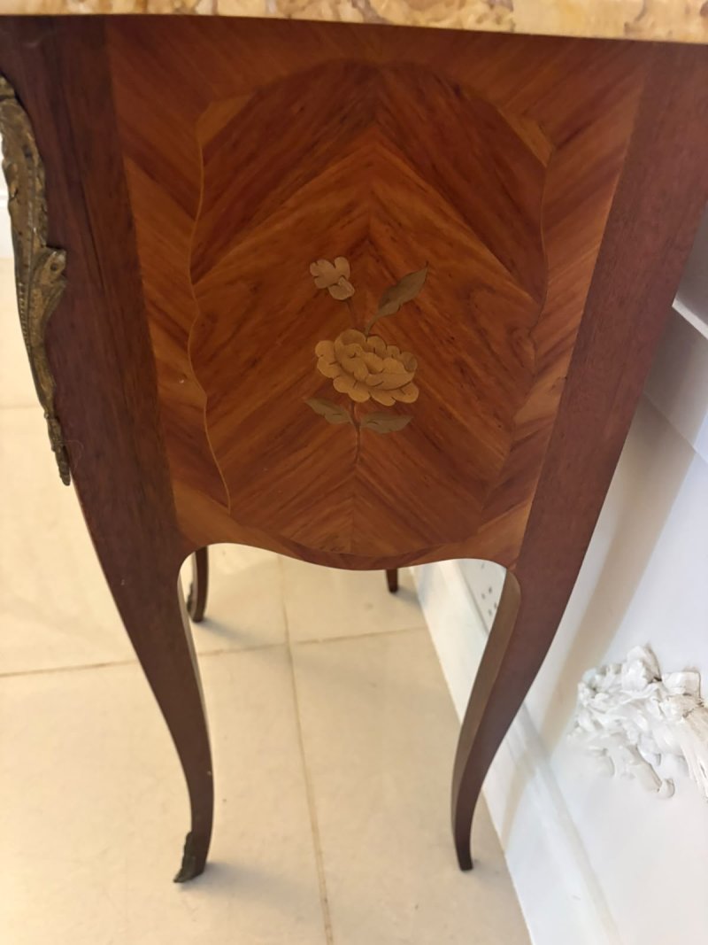 Antique Pair French Kingwood Marquetry Inlaid Marble Top Bedside Cabinets Nightstands - Image 12