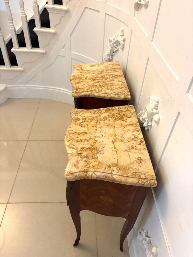 Antique Pair French Kingwood Marquetry Inlaid Marble Top Bedside Cabinets Nightstands - Image 6