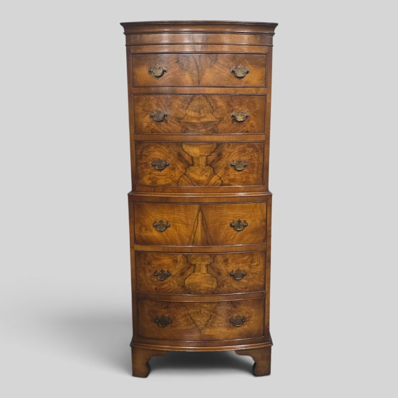 Small Sized Burr Walnut Queen Anne Chest on Chest of Drawers