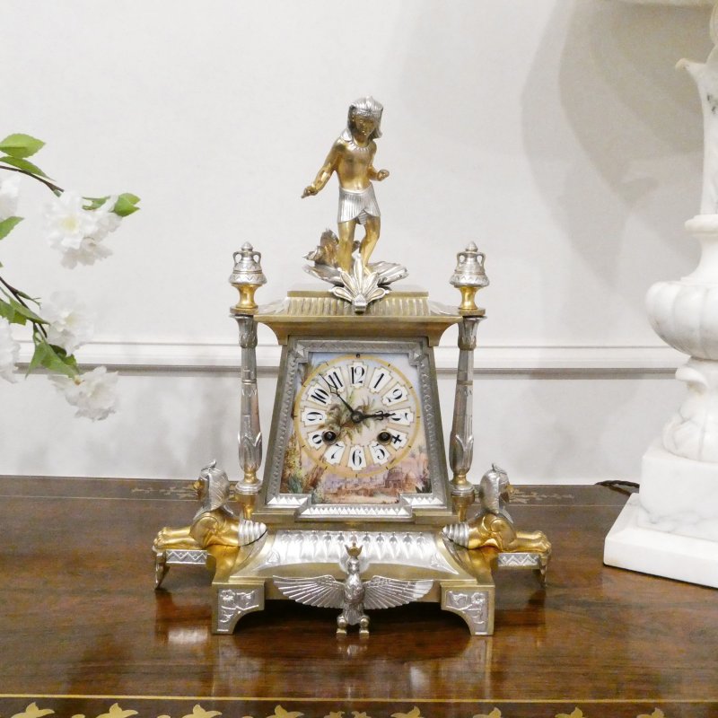 French Egyptian Revival Brass & Silver Gilt Mantel Clock by Richard et Cie