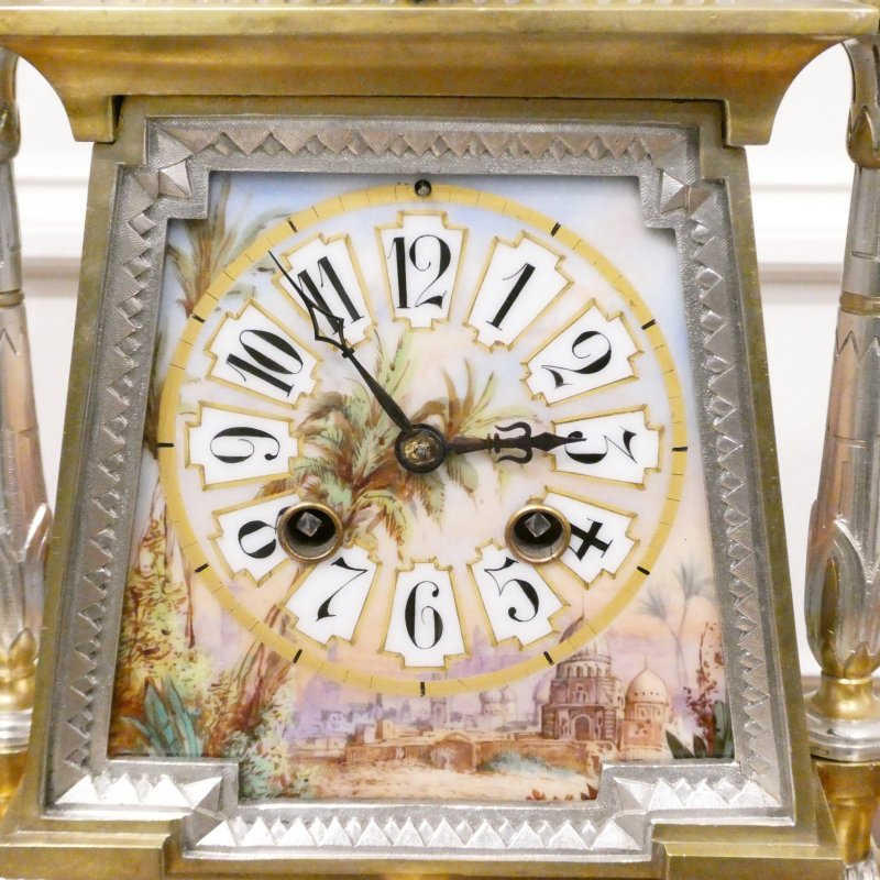 French Egyptian Revival Brass & Silver Gilt Mantel Clock by Richard et Cie - Image 2