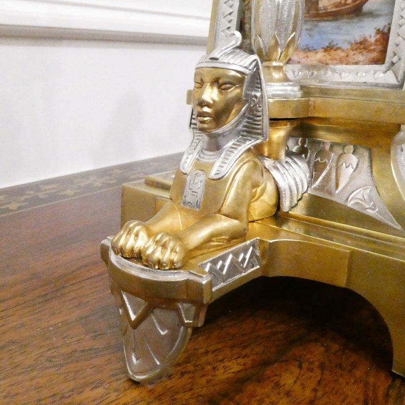 French Egyptian Revival Brass & Silver Gilt Mantel Clock by Richard et Cie - Image 4