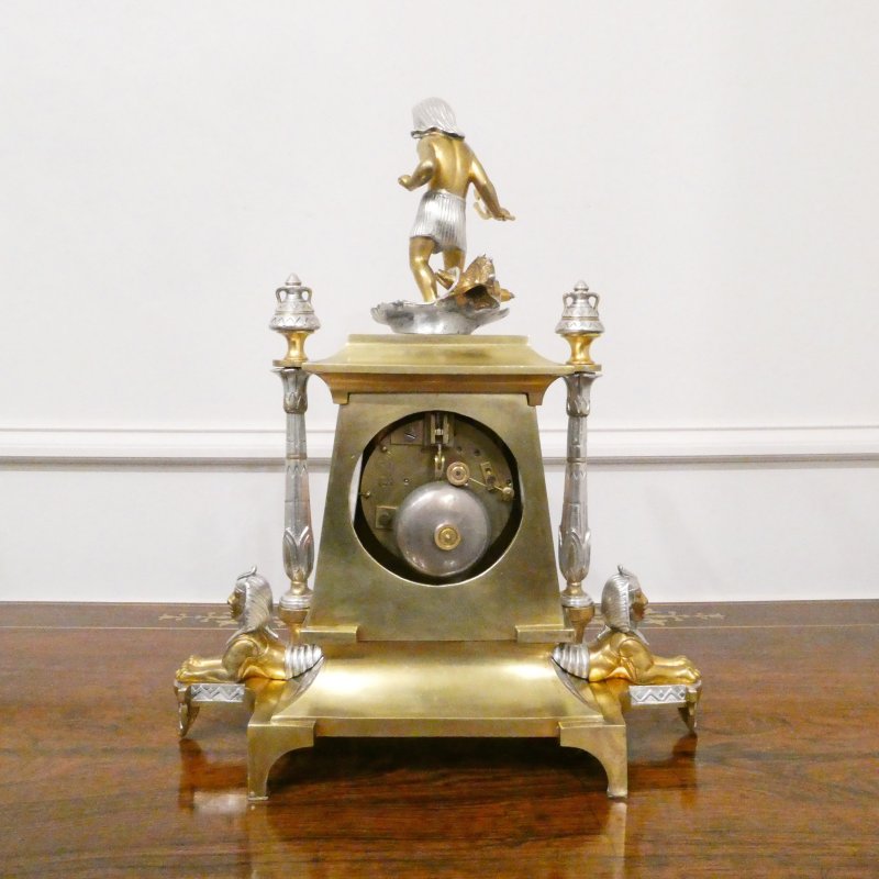French Egyptian Revival Brass & Silver Gilt Mantel Clock by Richard et Cie - Image 14